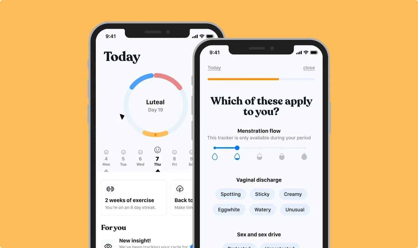 Two PMS Coach app screens, Today and a symptom check-in, on an orange background.